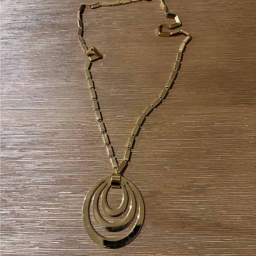 Vtg. MONET Gold Tone 29”Long Big Pendant Bar Chain Necklace and VTG Monet Pin